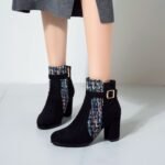Non-Returnable Red Color-Blocked Sweet Chanel-Style Martin Boots Versatile Chunky Heel Short Boots High-Heeled Women's Shoes 4876