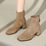 Boots Women's Short Boots Suede High Heels French New Autumn and Winter Elastic Boots Thick Heel Square Toe Slim Boots 2025 Fleece-Lined - Image 3
