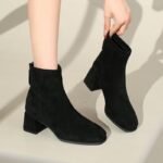 Boots Women's Short Boots Suede High Heels French New Autumn and Winter Elastic Boots Thick Heel Square Toe Slim Boots 2025 Fleece-Lined - Image 2
