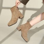 Boots Women's Short Boots Suede High Heels French New Autumn and Winter Elastic Boots Thick Heel Square Toe Slim Boots 2025 Fleece-Lined - Image 8