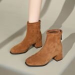 Boots Women's Short Boots Suede High Heels French New Autumn and Winter Elastic Boots Thick Heel Square Toe Slim Boots 2025 Fleece-Lined