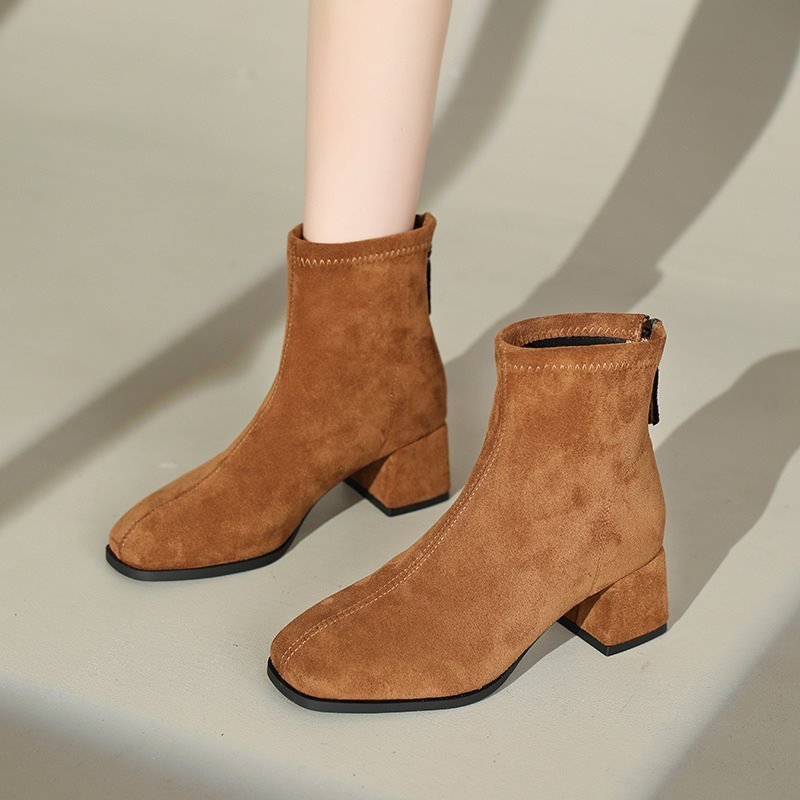 O1CN01TjYtbv2D5AERhKRF7_!!2220859068557-0-cib Boots Women's Short Boots Suede High Heels French New Autumn and Winter Elastic Boots Thick Heel Square Toe Slim Boots 2025 Fleece-Lined - Image 1