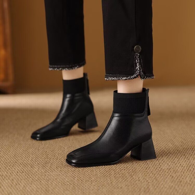 O1CN01VLiACb2El88p1JGnk_!!2216834408784-0-cib Brown Retro Fashion Thick Heel Square Toe Short Boots 2025 Women's Autumn and Winter Mid-High Heel Knitted Wool Mouth Fashion Slim Boots - Image 1