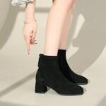 Boots Women's Short Boots Suede High Heels French New Autumn and Winter Elastic Boots Thick Heel Square Toe Slim Boots 2025 Fleece-Lined - Image 6