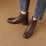 Brown Retro Fashion Thick Heel Square Toe Short Boots 2025 Women's Autumn and Winter Mid-High Heel Knitted Wool Mouth Fashion Slim Boots - Image 6