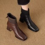 Brown Retro Fashion Thick Heel Square Toe Short Boots 2025 Women's Autumn and Winter Mid-High Heel Knitted Wool Mouth Fashion Slim Boots - Image 4