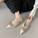 2026 New Style Pointed-Toe Flat Slippers for Women, Outdoor Wear, Metal Buckle, Closed-Toe Half Slippers, Fashionable and Elegant Chanel-Style Slippers - Image 7