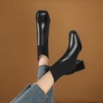 Women's Mid-Calf Short Boots 2025 Autumn New Square-Toe Fashion Boots High-Heeled Fly-Knit Splicing Elastic Slip-On Wholesale - Image 2