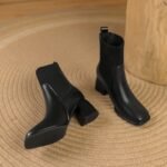Women's Mid-Calf Short Boots 2025 Autumn New Square-Toe Fashion Boots High-Heeled Fly-Knit Splicing Elastic Slip-On Wholesale - Image 8