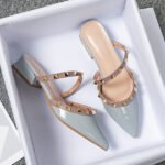 Warren's Summer Mid-heel Pointed Half Slippers for Women Lazy Men Baotou Wear Rivet Patent Leather Cool Tide Size 41-43