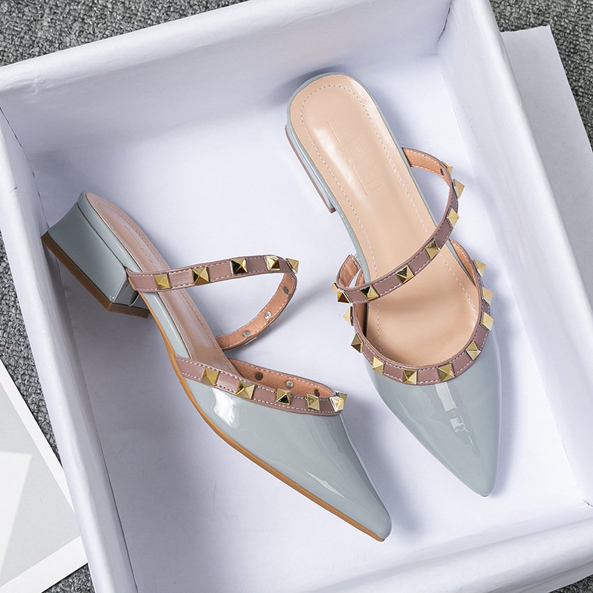 O1CN012890nG2DB72c3zWiX_!!2469158570-0-cib Warren's Summer Mid-heel Pointed Half Slippers for Women Lazy Men Baotou Wear Rivet Patent Leather Cool Tide Size 41-43 - Image 1
