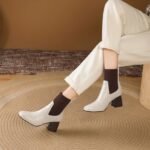 Women's Mid-Calf Short Boots 2025 Autumn New Square-Toe Fashion Boots High-Heeled Fly-Knit Splicing Elastic Slip-On Wholesale - Image 6