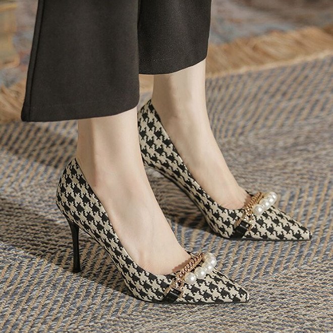 O1CN014cTYXK1cgaWoA6bMU_!!2215125053630-0-cib Houndstooth High-Heeled Shoes for Women 2026 Spring and Summer New Style Pearl Professional Work Shoes for Women Elegant Ladylike Stiletto Shoes - Image 1
