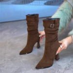 Brown Retro Internet Celebrity Short Boots with Thin Heels, Stacked Boots, Women's High Heels, Autumn and Winter European and American Style Pointed Toe Mid-Calf Boots - Image 5