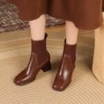 Women's Mid-Calf Short Boots 2025 Autumn New Square-Toe Fashion Boots High-Heeled Fly-Knit Splicing Elastic Slip-On Wholesale - Image 3