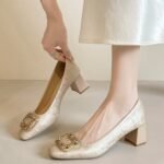 Chunky Heel Women's Shoes 2026 Champagne Jacquard Square Toe Rhinestone Square Buckle 33-43 Commuting Dress Shoes Women's Shoes Wholesale - Image 3