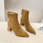 Trendy chunky heeled fleece-lined ankle boots for women, new autumn/winter 2026 style, pointed toe, high heel, slim fit, height-increasing fashion boots - Image 3