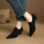 Pointed Toe Deep Mouth Flats for Women 2025 Autumn and Winter Frosted Soft Leather Ankle Boots High Heel Loafers Stiletto Heel Nude Boots Versatile Black - Image 2