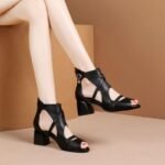 Roman Sandals for Women 2025 Summer New Low Thick Heel High-End Sandals Thick Heel Hollow Fish Mouth High Top Sandals for Women - Image 2