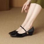 2026 Spring New Style French Retro Pointed Toe Chunky Heel Shallow Mouth Patent Leather Women's Shoes with Single Strap Mary Jane Shoes