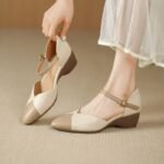Women's Soft Leather Wedge Sandals with Hollow Design, 2026 New Spring/Summer Color-Blocking Mid-Heel Versatile Roman Shoes