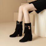 2025 Autumn and Winter New Korean Style Tassel Boots Women's Pointed Toe Chunky Heel High Heel Metal Decoration Mid-Calf Boots Leather Boots Women - Image 2