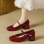 Soft Leather Elegant Chunky Heel Single Shoes for Women 2026 New Spring French Style Stunning Mary Jane Shoes Red Women's Leather Shoes