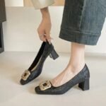 Chunky Heel Women's Shoes 2026 Champagne Jacquard Square Toe Rhinestone Square Buckle 33-43 Commuting Dress Shoes Women's Shoes Wholesale