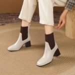 Women's Mid-Calf Short Boots 2025 Autumn New Square-Toe Fashion Boots High-Heeled Fly-Knit Splicing Elastic Slip-On Wholesale - Image 4