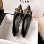 Factory wholesale pointed metal buckle shoes solid color shallow mouth flat shoes French metal ring buckle thick heel shoes - Image 4