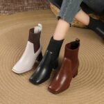 Women's Mid-Calf Short Boots 2025 Autumn New Square-Toe Fashion Boots High-Heeled Fly-Knit Splicing Elastic Slip-On Wholesale - Image 5