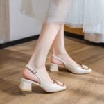 Women's summer sandals with thick heels, 2026 new model, soft leather, open-back high-heeled shoes for mothers, large size, French square-toed shoes - Image 5