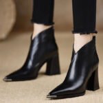 2025 New Autumn and Winter Square Toe Thick Heel Short Boots Women's High Heel Martin Slim Boots British Style Mid-Calf Chelsea Boots