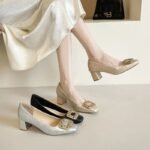 Chunky Heel Women's Shoes 2026 Champagne Jacquard Square Toe Rhinestone Square Buckle 33-43 Commuting Dress Shoes Women's Shoes Wholesale - Image 5