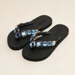 New Summer Women's Round-Toe Non-Slip Light Luxury Sea Blue Rhinestone Flip-Flops Beach Vacation Style Thong Sandals - Image 3