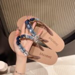 2026 Summer New Style Square Blue Diamond Wedge Flip-Flops for Women, Fashionable Clip-Toe Height-Increasing Non-Slip Beach Sandals - Image 4