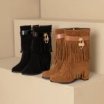 2025 Autumn and Winter New Korean Style Tassel Boots Women's Pointed Toe Chunky Heel High Heel Metal Decoration Mid-Calf Boots Leather Boots Women - Image 4