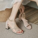 Elegant One-Strap High-Heeled Shoes for Women with Chunky Heels, 2026 Summer Fairy Style, Gentle Design, Pearl Sandals for Women with Medium Heels