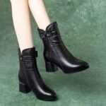 Foreign Trade Short Boots for Women, 2025 Winter New Style, Fleece-Lined, Warm Mid-Calf Boots, Chunky Heel, Versatile, Soft Sole, Pointed Toe Women's Boots