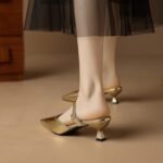 French-Style Fashion Gold-Colored Closed-Toe Mules for Women, Summer Outdoor Wear, Single Strap, Thin High Heels, Shallow Pointed Toe Mules - Image 4