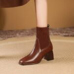 Women's Mid-Calf Short Boots 2025 Autumn New Square-Toe Fashion Boots High-Heeled Fly-Knit Splicing Elastic Slip-On Wholesale - Image 9