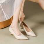 3cm Soft Leather Soft-Soled High-Heeled Shoes for Women, Thin Heels, Spring Off-White, Comfortable Pointed Toe, 5cm Medium-Heeled Office Shoes