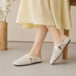 Women's leather woven hollow-out closed-toe slip-on sandals with internal height increase for summer 2026, popular style