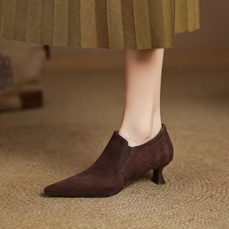 O1CN01UOLI0e25BYpS9fVC6_!!2220584527488-0-cib Pointed Toe Deep Mouth Flats for Women 2025 Autumn and Winter Frosted Soft Leather Ankle Boots High Heel Loafers Stiletto Heel Nude Boots Versatile Black - Image 1