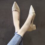 Comfortable soft leather work shoes, professional women's shoes, two-way wear, mid-heel pointed toe versatile single shoes, beige high heels, women's chunky heels - Image 6