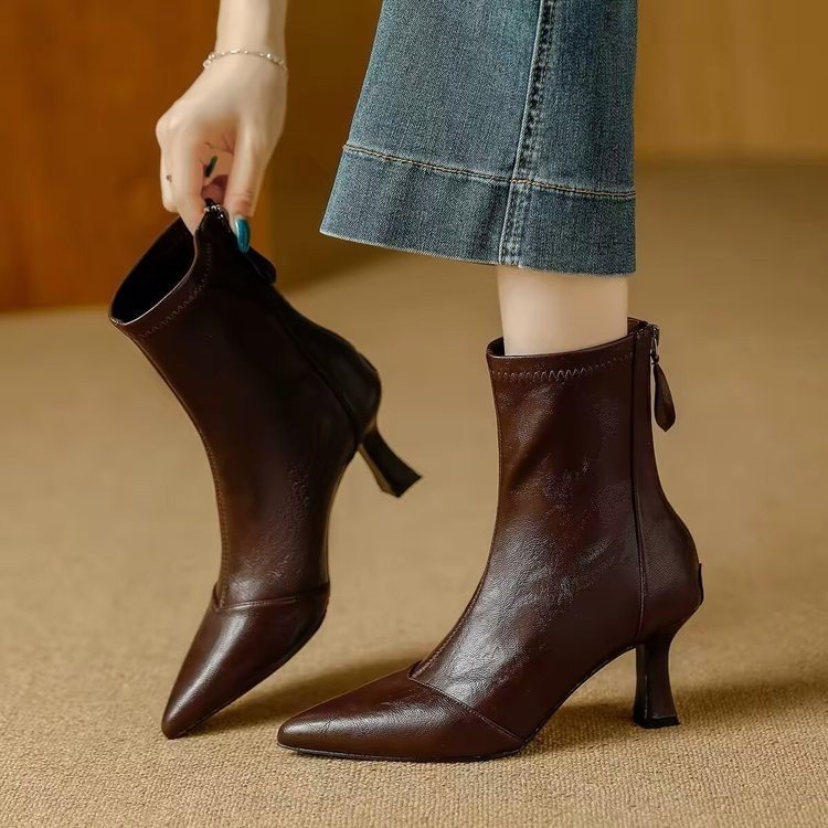 O1CN01WYm57oAPoBE1WPfQ_!!2222988161236-0-cib Women's Pointed-Toe High-Heeled Ankle Boots, 2026 Autumn/Winter New Style, French Retro, Versatile, Comfortable, Soft Leather, Elastic Slim Fit Boots - Image 1