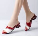 2022 Summer New Korean Style Fashion Rhinestone Color-Blocked Fish-Mouth Sandals with Patent Leather Square Low Heel - Image 5