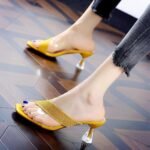 Sexy Transparent Color-Blocked Slip-On Sandals with Knitted Thin Heels for Commuting, 2026 Summer New Open-Toe High Heels