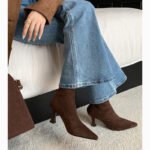 apricot Ankle Boots Women's Autumn and Winter Commuter High-heeled Naked Boots Korean Style Suede Thin Boots Pointed Toe Thin Heel Stingy Socks Boots - Image 4