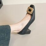 Chunky Heel Women's Shoes 2026 Champagne Jacquard Square Toe Rhinestone Square Buckle 33-43 Commuting Dress Shoes Women's Shoes Wholesale - Image 11